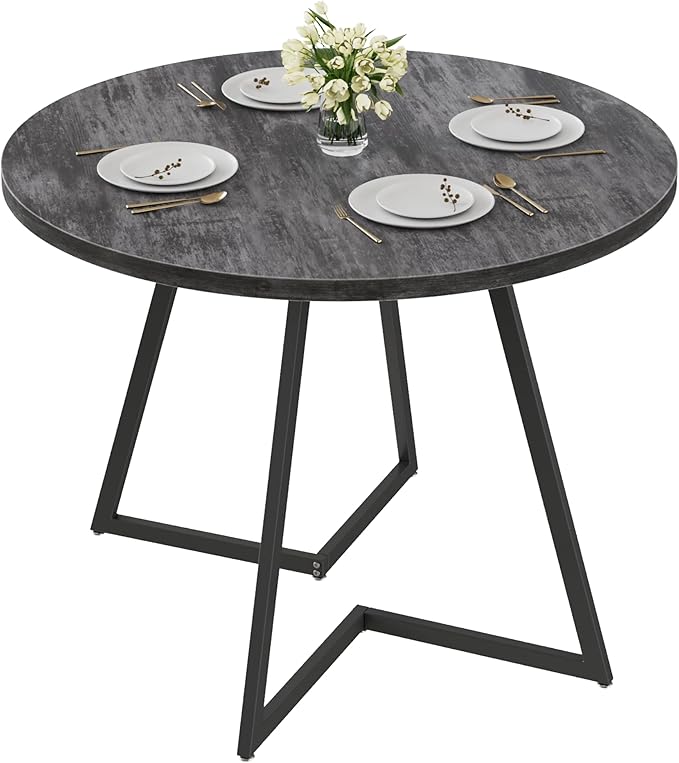 VECELO 35" Round Dining Table for 4, Wood-Grain Tabletop & Heavy-Duty Steel Frame, for Kitchen, Living Room, Easy Assembly, Dark Grey