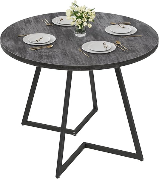 VECELO 35" Round Dining Table for 4, Wood-Grain Tabletop & Heavy-Duty Steel Frame, for Kitchen, Living Room, Easy Assembly, Dark Grey