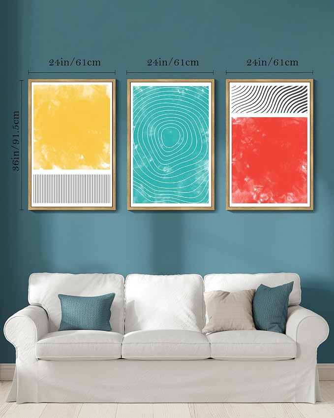 PHOPAGO 24x36in Large Minimalist Abstract Framed Wall Art Modern Colorful Line Wall Decor Geometric Artwork Bedroom Living Room Natural Framed