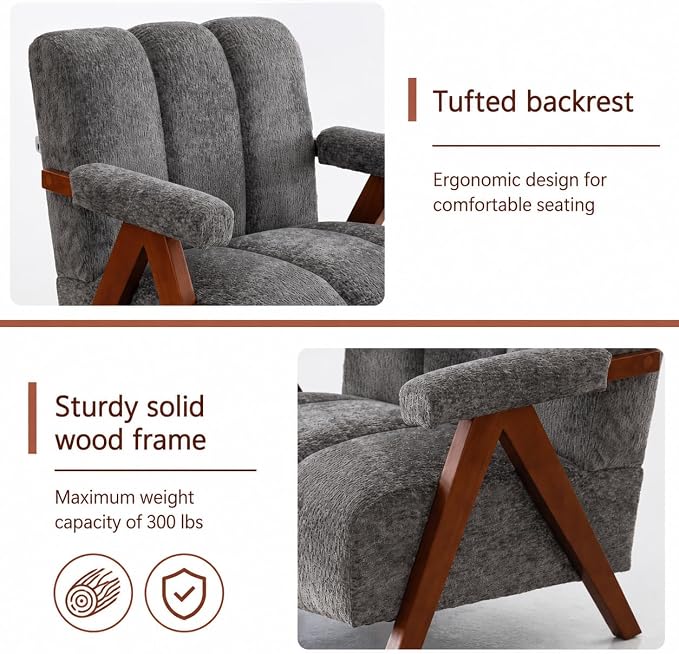 Mid Century Modern Accent Chair with Solid Oak Wood Frame, Upholstered Chenille Lounge Chair with Ergonomic Backrest and Thick Cushion for Living Room Bedroom Balcony, Grey