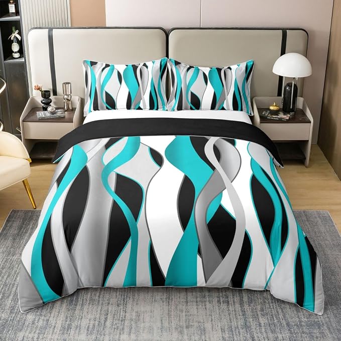 Erosebridal Teal and Black Bedding Set Full Turquoise Striped Geometric 100% Cotton Duvet Cover Contemporary Wave Lines Comforter Cover for Kids Teens Adults Modern Geometric Stripes Bed Set 3 Pcs