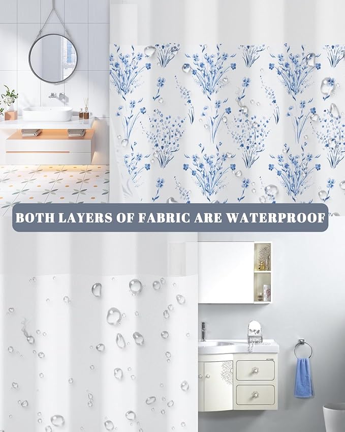 No Hook Bathroom Shower Curtain and Liner Set, Watercolor Blue Floral in White Cloth, Double Layer Waterproof Fabric Bath Tub Curtain with Snap in Liner, See Through Top, 71 x 74 Inch