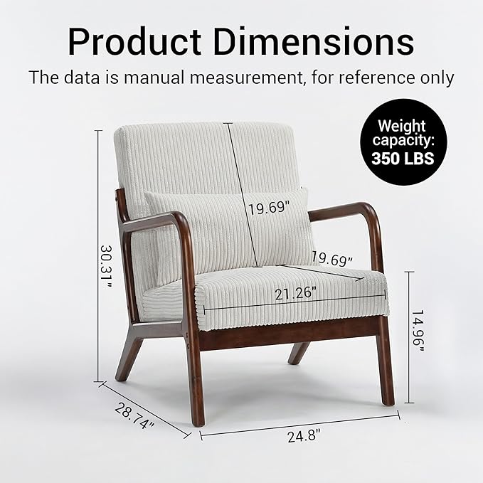Mid Century Modern Accent Chair, Upholstered Corduroy Armchair with Lumbar Pillow, Solid Rubberwood Frame for Living Room, Bedroom, Waiting Room, White