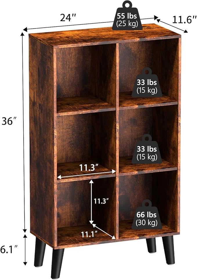 6 Cube Storage Organizer with Legs, 3 Tier Cube Low Bookcase Freestanding Storage Display Organizer for Home Office, Six-Cubes Open Shelf Bookshelf (Retro Brown, 6 Cube Vertical)