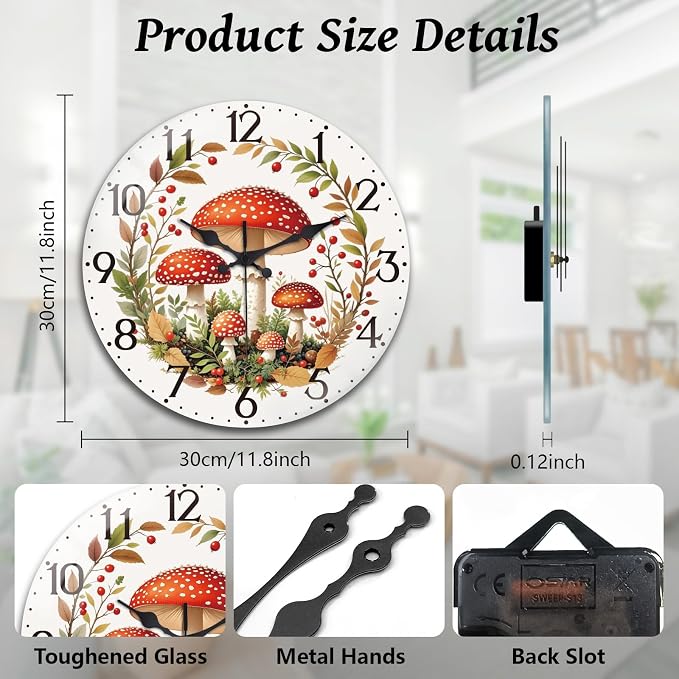 peacoblue Wall Clocks Battery Operated 12 Inch Mushroom Forest Glass Round Wall Clock Non Ticking for Kitchen Living Room Dining Room Bedroom and Bathroom Decor Accessories (Battery not Included)