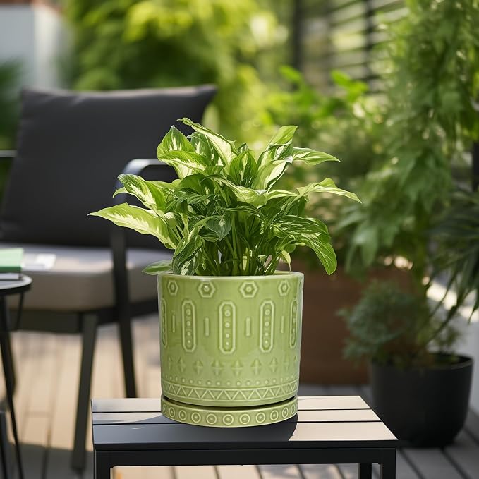 Eightpot Ceramic Pot for Plants - 10 Inch Indoor Plant Pots with Drainage Holes and Saucer, Boho Round Planter Outdoor, Decorative Large Planter for Flower, Living Room Decor, Garden Gifts, Green