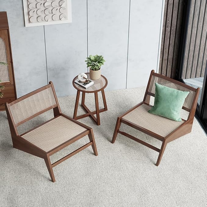 homary Mid Century Modern Chairs Set of 2, Japandi Walnut Rattan and Wood Lounge Chairs Armless Accent Chair for Living Room Bedroom Balcony & Patio