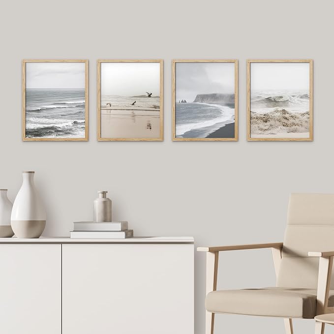 SIGNWIN Framed White Minimal Ocean Beach Seashore Coastals Wall Art, Set of 4 Landscape Colorful Wall Decor Prints, Nature Wilderness Wall Décor for Living Room, Bedroom - 12"x16" Natural