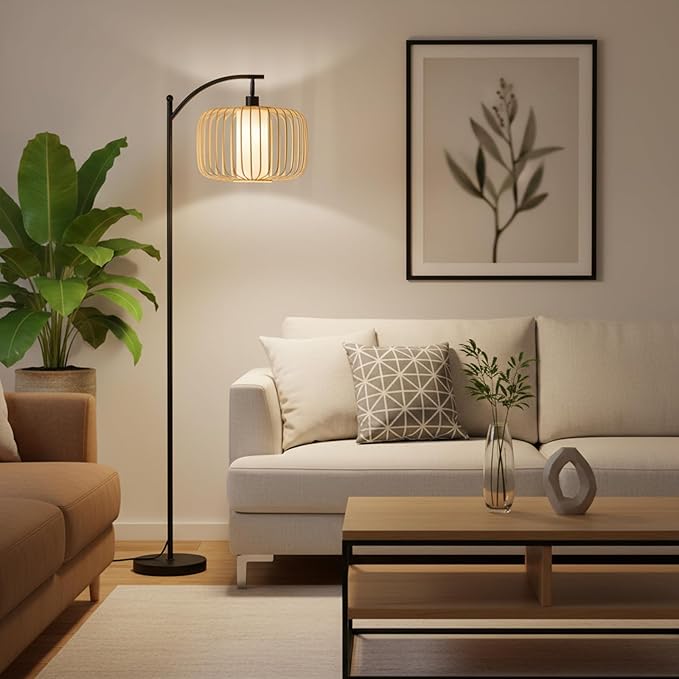 LALISU Floor Lamp for Living Room, Dimmable Standing Lamp Tall with Linen Shade Modern Floor Lamps Pull Chain Switch Reading Lamp for Living Room Bedroom Office Dining Room, 9W Bulb Included (Brown)