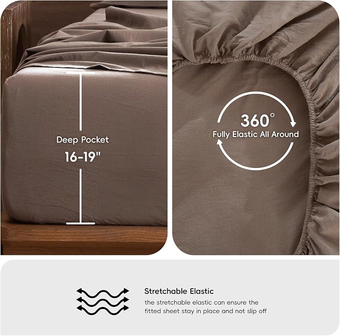 MooMee Bedding Sheet Set 100% Washed Cotton Linen Like Textured Breathable Durable Soft Comfy (Solid Brown, Full)