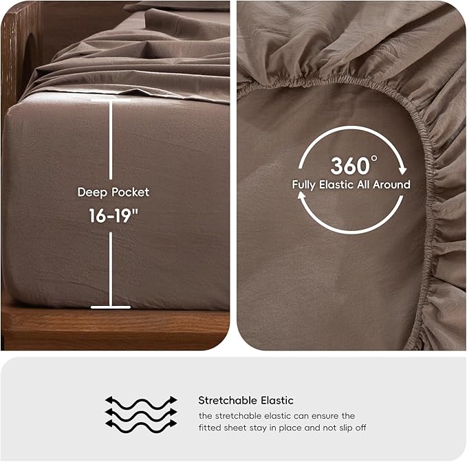 MooMee Bedding Sheet Set 100% Washed Cotton Linen Like Textured Breathable Durable Soft Comfy (Solid Brown, Twin)