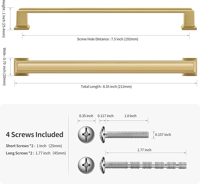 Lardmon 10 Pack 7.5 Inch(192mm) Hole Center Brushed Gold Modern Cabinet Pulls Kitchen Cabinet Handles Kitchen Cabinet Hardware Timeless Drawer Pulls for Dresser Cupboard Wardrobe, B-Gold(7.5x10)
