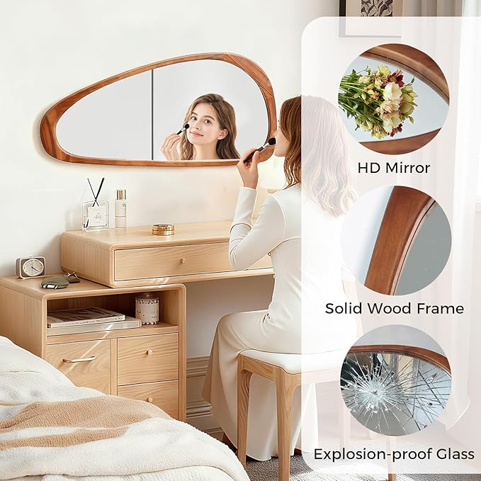 Asymmetrical Mirror, 48"x22" Irregular Mirror Full Length, Wood Wall Mirror for Bathroom Bedroom Living Room Entryway Hallway, Mid Century Modern Decor (Natural Wood)