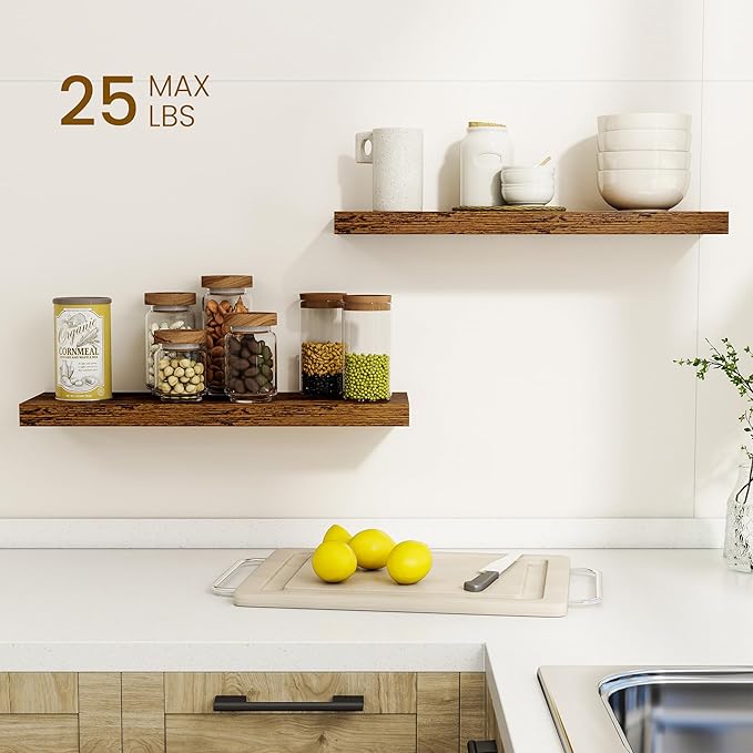 Dreamland 24Inch Floating Shelves for Wall, Rustic Wooden Floating Shelves for Bathroom|Bedroom|Kitchen, 2 Pack Deep Wall Mounted Book Shelf, Wood Storage Display Shelf for Home Decor, Brown