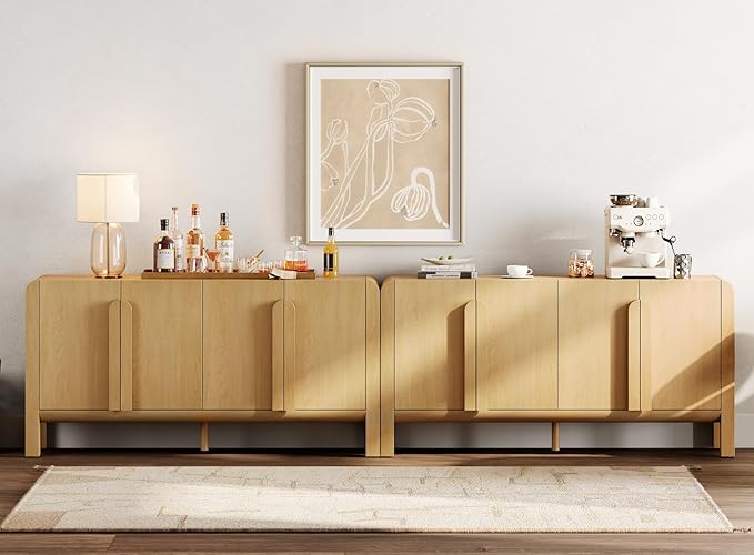 WAMPAT 126" W Large Buffet Sideboard Cabinet with Storages, Modern Buffet Table Coffee Bar Wine Bar Storage Curved Cabinet with 4 Doors for Dining Room, Living Room, Kitchen,Oak