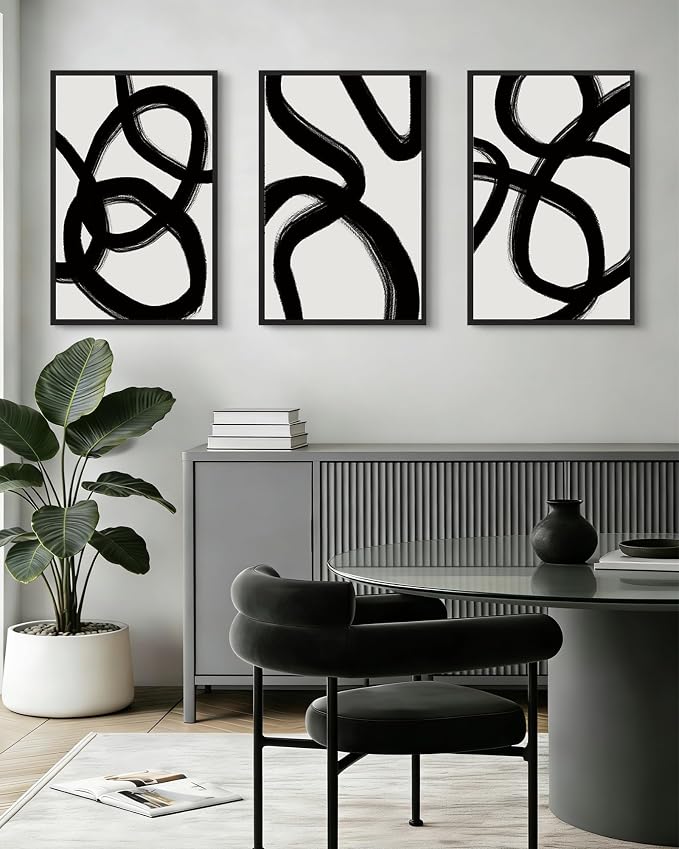 Drsoum Lager 16x24in Black and Gray Abstract Framed Wall Art Decor Duotone Minimal Dark Brush Stroke Prints Shapes Illustrations Modern Art Decorative Ready To Hang - Black Framed