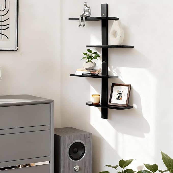 Afuly Black Floating Shelves for Wall Display Shelf Unit Modern Decorative Solid Wood Shelving Home Decor Living Room Bedroom Coffee Bar Bathroom Small Space Plant Photo Set of 4