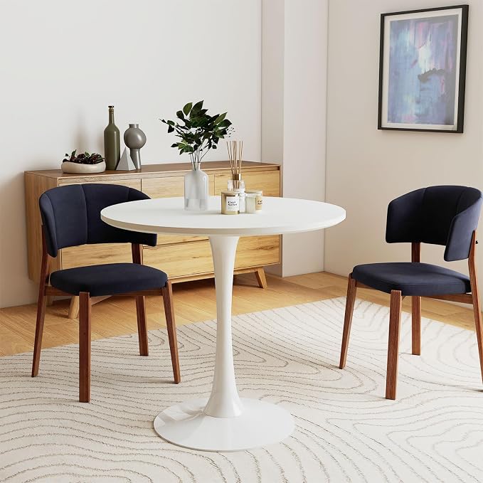 27.5" White Round Dining Table, MDF Top with Metal Pedestal Base, Modern Accent Table for Small Spaces, Kitchen, Dining Room & Living Room