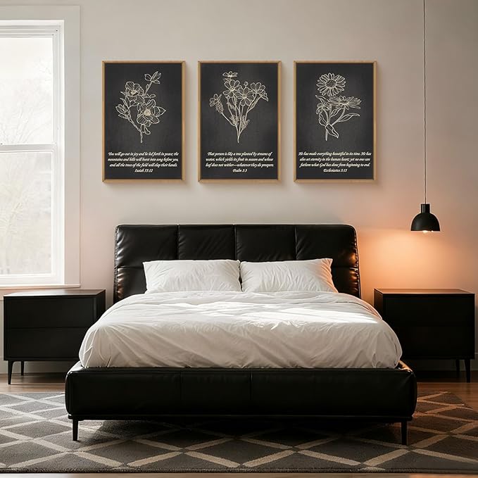 FWIEXA Black Christian Bible Verse Canvas Wall Art Set of 3, Minimalist Scripture Wall Decor, Religious Beige Abstract Floral Painting, 24x36In Vintage Artwork for Living Room,Bedroom,Prayer Room