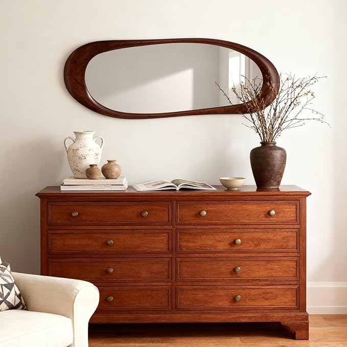 WallBeyond Asymmetrical Full Length Wooden Mirror, 22.5" x 63" Irregular Solid Wood Wall Mirror, Boho Decor for Bedroom Living Room Entryway, Mid-Century Modern, Dark Walnut