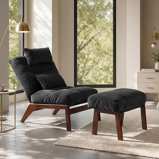 GEMBED Accent Chair with Ottoman Adjustable Backrest, Comfy Lounge Chair Single Sofa with Headrest Lumbar Pillow, Reading Chair with Footrest for Bedroom, Living Room, Dark Grey