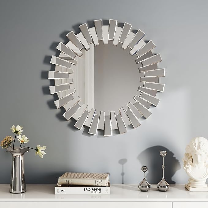 Sunburst Mirror - 26'' Sliver Starburst Mirror with Beveled Glass Frame, Modern Wall Decor Mirrors for Living Room, Hallway,Bedroom
