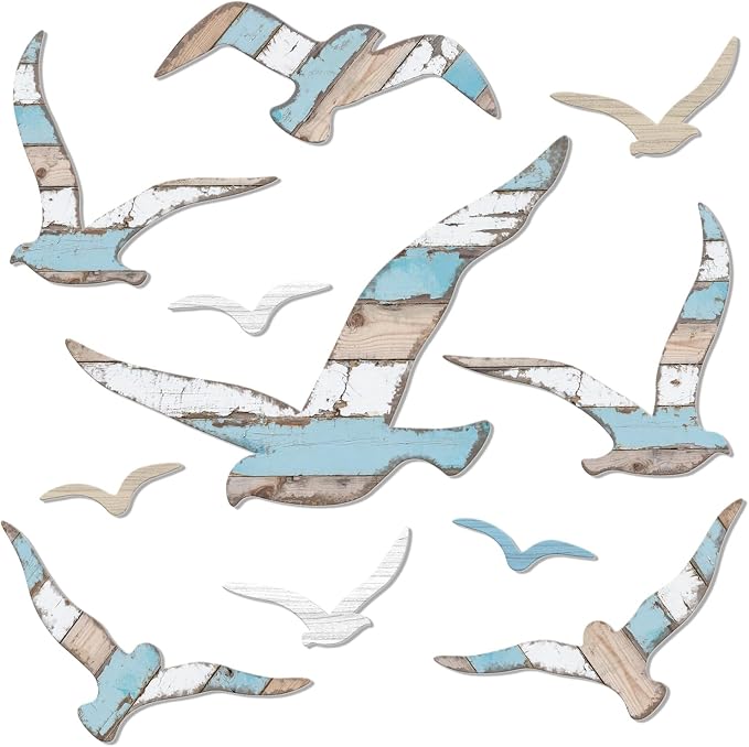 Zzbakress 11 Pcs Wooden Seagull Wall Decor Nautical Coastal Beach Wall Art Vintage Ornaments Unique Sea Birds Wall Sculpture for Home Bathroom Living Room Bedroom (Vintage)