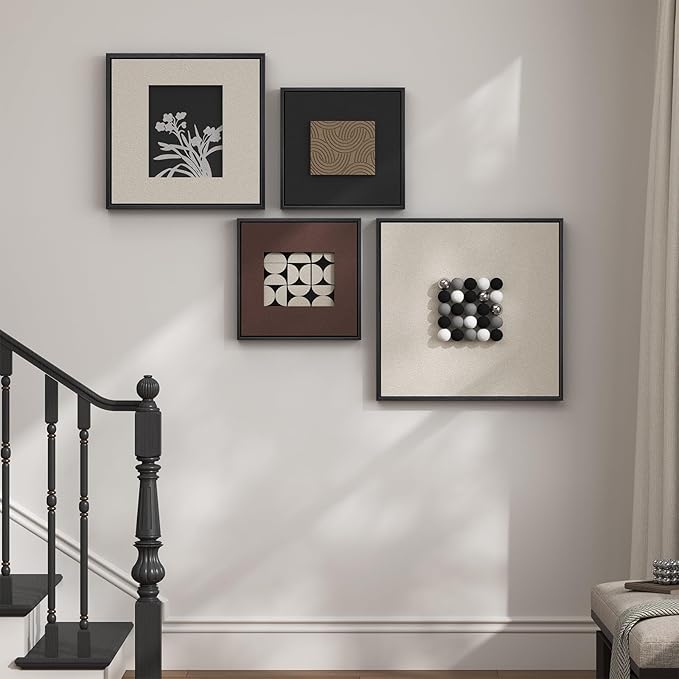 Large Framed 3D Modern Wall Art Decor for Living Room, 4 Piece Black and White Geometric Artwork for Walls, Minimalist Textured Paintings Wall Decor for Dining Room, Hallway, Bedroom