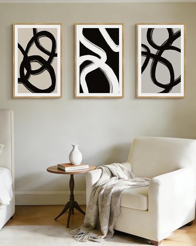 Drsoum Lager 16x24in Black Abstract Framed Wall Art Decor Duotone Minimal Dark Brush Stroke Prints Shapes Illustrations Modern Art Decorative Ready To Hang - Natural Framed