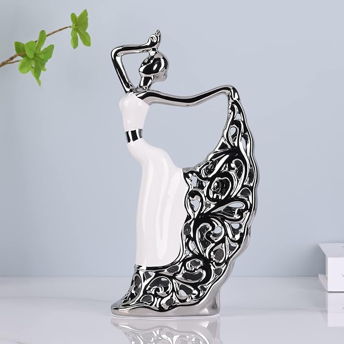 DOVDOV Abstract Ceramic Peacock Dancer Statue, Female Ballerina Decoration, Gold and Silver Home Decor Trinkets for Dance Studio Living Room TV Cabinet Console Dresser Entryway Countertop Decoration