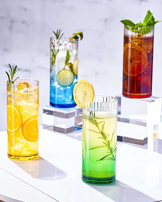 Colored Ribbed Highball Glasses Set of 4, Vintage Iced Tea Glassware, Tall Collins Glasses for Mojitos, Water, or Cocktails, Lightweight Lead-Free Crystal Drinkware (Style 2)