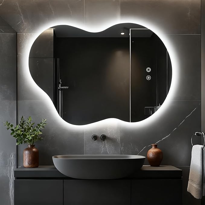 Asymmetrical Lighted Mirror for Bathroom,Modern LED Vanity Mirror with Backlit,Fog-Free,Tri-Color Dimmable Lighting with Memory Function,Hardwire Ready [Horizontal/Vertical] 35" H x 25" W