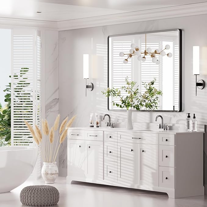 48x30 inch Black Bathroom Mirror, Modern Vanity Wall Mirror, Large Rectangle Metal Aluminum Frame, Shatter-Proof, Vertical or Horizontal Hanging