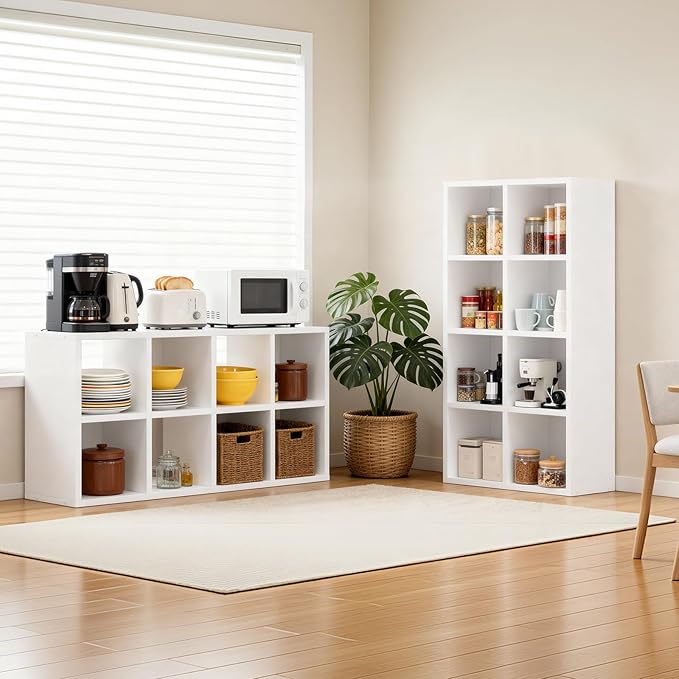 LUCKLIFE 8-Cube Storage Organizer, Stackable Modular Bookcase Shelf with Vertical or Horizontal Use, Fits 11×11" Bins, Optional Back Panels, for Living Room, Office, White