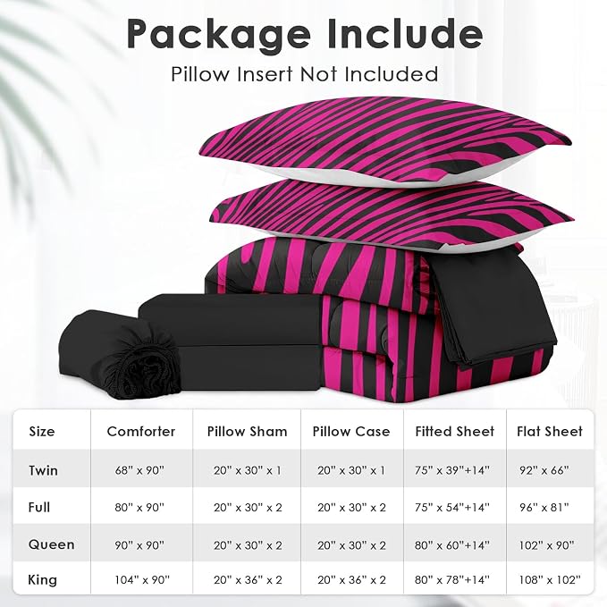 7Pcs Comforter Set King Size, Hot Pink Zebra Print Line Abstract, Bedding Decor Wildlife Black Striped Animal Jungle Bedroom Bed Set Flat Sheet Fitted Sheet Pillowcases Shams for Kids Adults