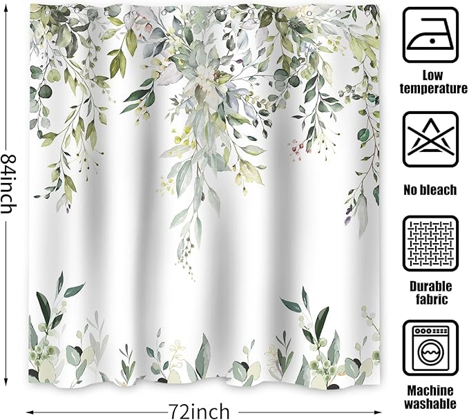 Sage Green Eucalyptus Extra Long Shower Curtain, Watercolor Leaves Plant Spring Floral Waterproof Fabric Machine Washable with Hooks for Bathroom Bathtub Decor 72Wx84H