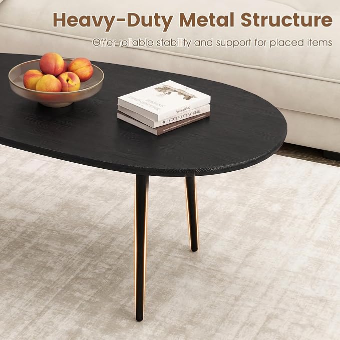Giantex Oval Coffee Table, Mid Century Modern Center Table with Sturdy Metal Frame and Compact Design, Vintage Accent Cocktail Tea Table, Wood Living Room Tables for Small Spaces (Black)