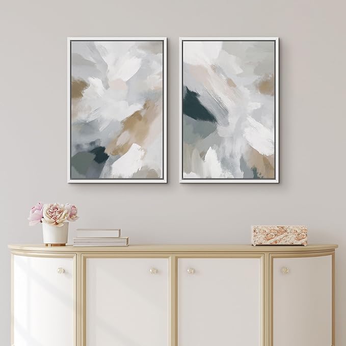 IDEA4WALL Framed Canvas Print Wall Art Set Neutral Brushstroke Abstract Modern Minimalist Illustrations Modern Art Decorative Bohemian Calm/Zen for Living Room, Bedroom, Office - 24"x36"x2 White