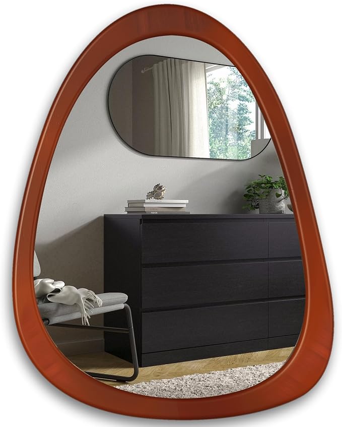 28"x 22" Irregular Wall Mirror, Wood Frame Asymmetrical Decorative Wall Wooden Mirror for Living Room Bedroom Entryway Bathroom Mid Century Home Decor Cherry Brown