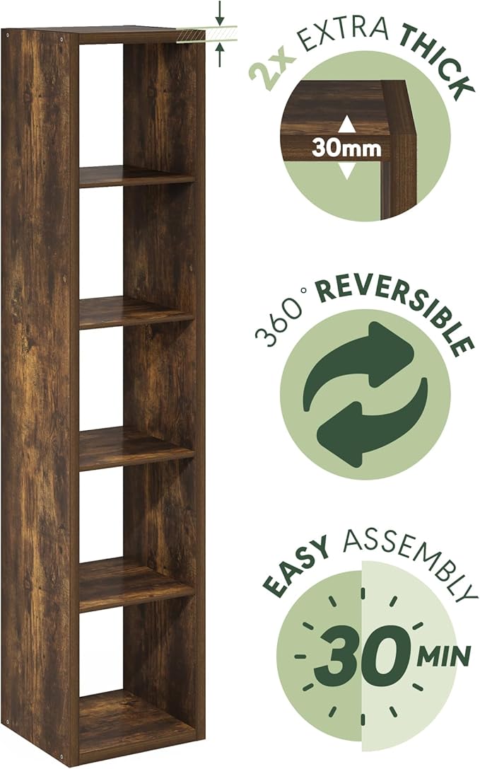 Furinno Cubicle Book Shelf, Vertical 5-Cube Bookshelf, Extra Thick Horizontally & Vertically Reversible Bookcase with Open Back, 14.6" x 16" x 72", for Living Room, Bedroom, Home Office, Amber Pine