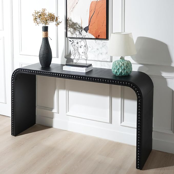 Wood Console Table, 59" Retro Long Sofa Table Behind Couch with Real Wood Beads Decor, Wooden Narrow Sofa Table Hall Table for Living Room Foyer Entrance Entryway, Black