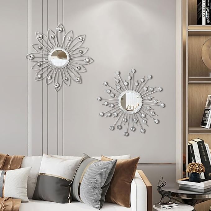 2 Pack Metal Mirrors for Wall Boho Sunburst Wall Mirror Home Decor Modern Decorative Wall Art for Bedroom Living Room Entryway