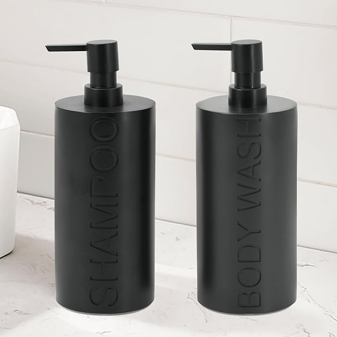 2-Pack Matte Black Resin Refillable Shampoo & Body Wash Bottles – Modern Bathroom Pump Dispenser Set, Durable Resin Shower Containers with Embossed Labels, Reusable Pump Bottle
