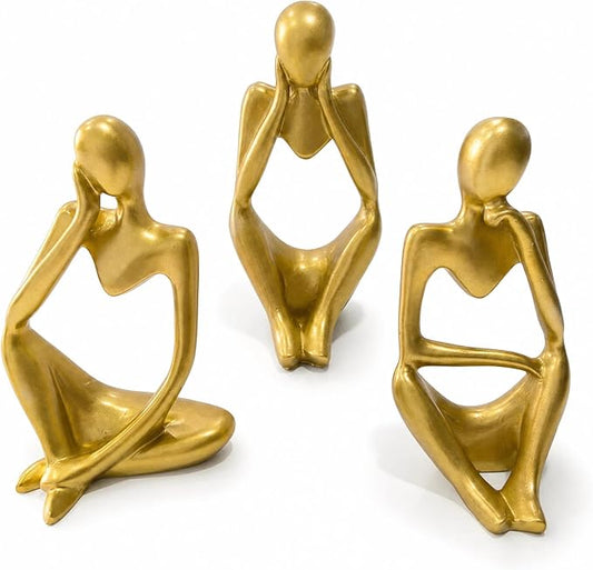 Gold Thinker Statue Set of 3 - Abstract Resin Figurines for Home Decor, Modern Art Sculpture for Office Desk, Bookshelf, Living Room, Minimalist Tabletop Decoration (5 inches)