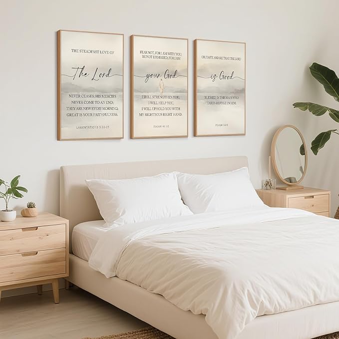 HLNIUC Jesus Scriptures Framed Wall Art,Inspiring Christian Scripture Wall Art Set of 3(24”x36”)The Lord Your God Is Good Bible Verse Wall Decor,Modern Religious Quotes Canvas Art Print for Home Living Room