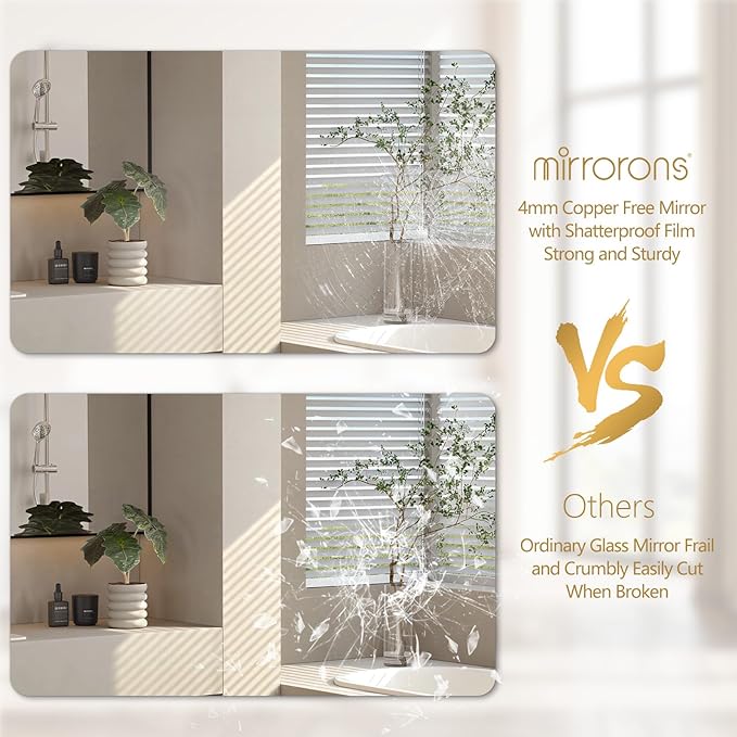 Mirrorons 48 x 30 Frameless Bathroom Mirror, Rounded Corner Bathroom Vanity Mirror, Modern Wall Mounted Vanity Mirror for Living Room, Bedroom, Bathroom, Entryway (Horizontal/Vertical)