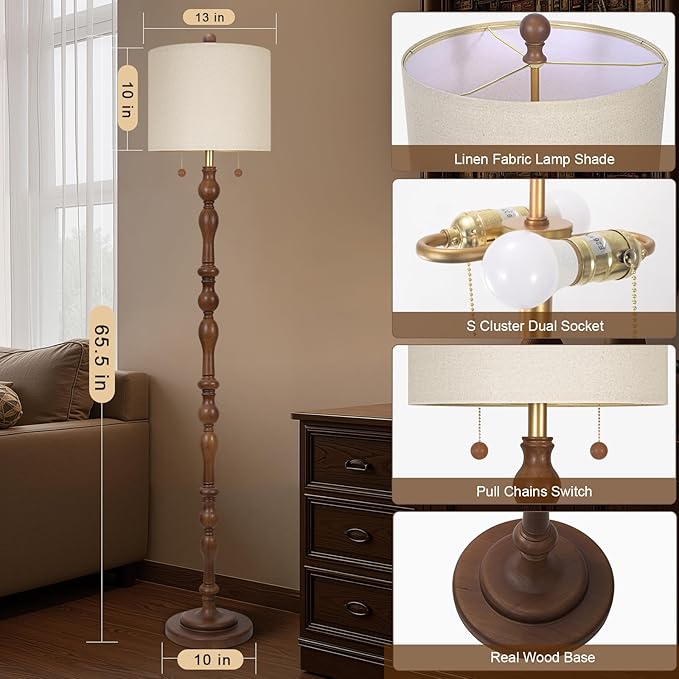 65.5" Natural Real Wood Floor Lamp with S Cluster Pull Chains Dual Switch,Wood Base Standing Lamp,Rustic Tall Lamp with Linen Shade,Farmhouse Floor Lamp for Living Room,Bedroom,Office(Bulb Included)