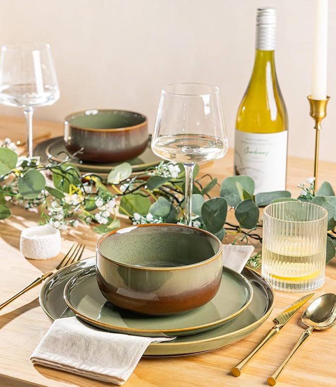 TheTerra Ceramic Dinnerware Sets for 4, 12 Pieces Handmade Reactive Glaze Plates and Bowls Set, Scratch Resistant Dish Set, Oven & Microwave & Dishwasher Safe, Sage Umber