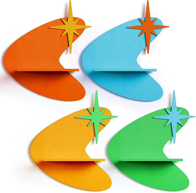 Threehoney Mid-Century Modern Wall Set of 4 Colorful Floating Display Shelves Retro Style Starburst Wall Mounted Shelves Storage for Bedroom, Living Room Decor(Star-Shaped Burst)