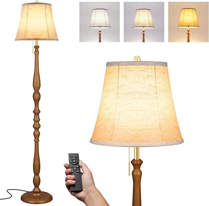 LALISU Wood Floor Lamp for Living Room,Farmhouse Standing Lamp with Remote & Dimmable 9W Bulb, Mid Century Standing Tall Lamps for Bedroom Corner Floor Lamps for Nursery, Office, Reading (Walnut)